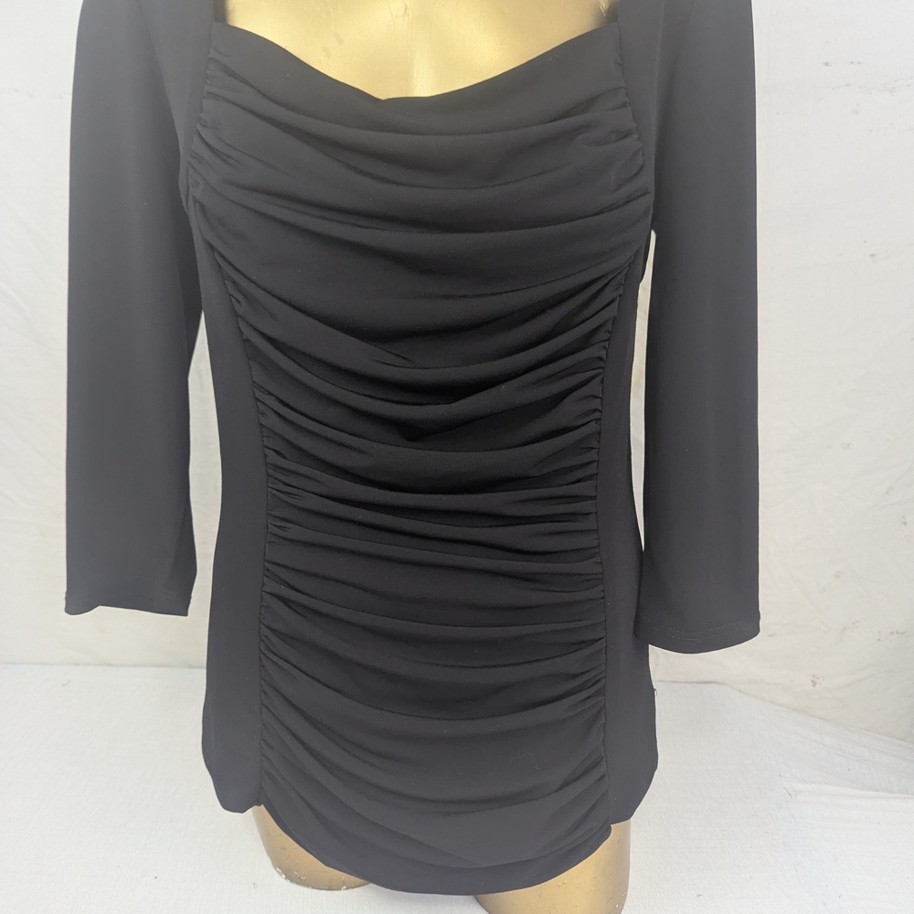 Boston Proper Elegant Black Scoop Neck Ruched Blouse Size 14 XL